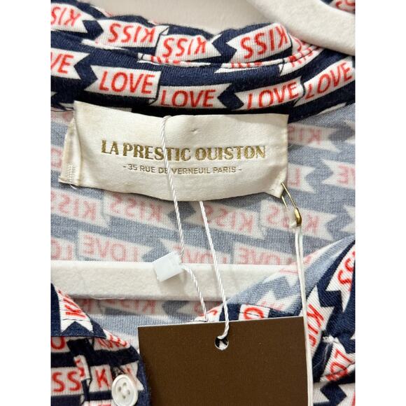 NWT La Prestic Ouiston Love Kiss Henley Polo Shirt Blue/Pink Women's Size 1 / S - Picture 3 of 5